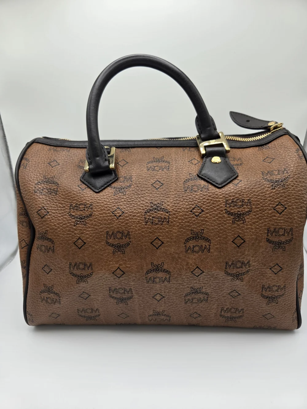 Authentic MCM Cognac Visetos Boston Bag Satchel with Black Handles